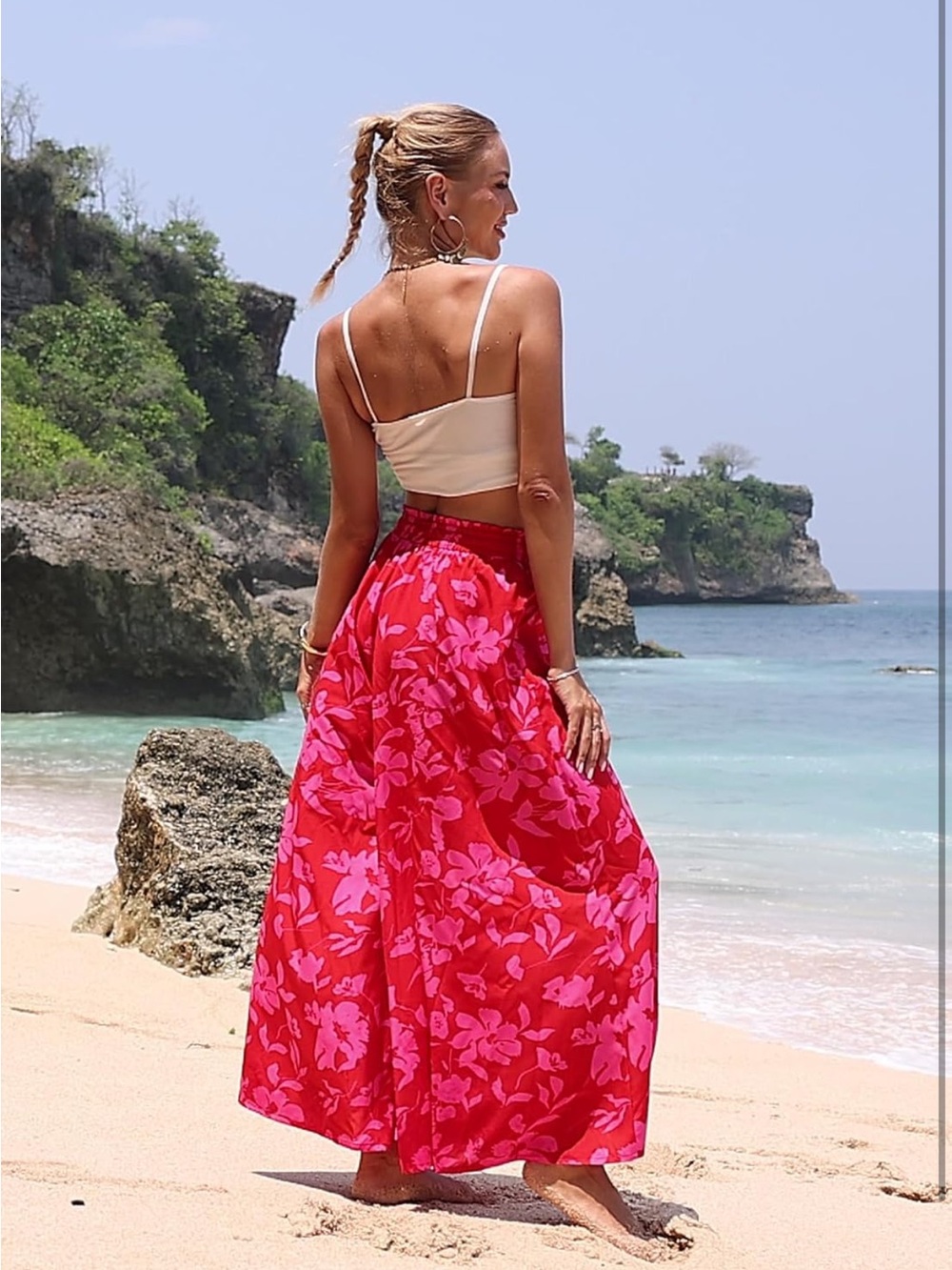 NWOT Red and Pink Floral High Waisted Wide Leg Boho Flowy Palazzo Pants Sz Small - Picture 5 of 12